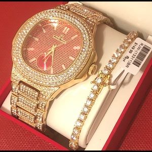 Men’s 14K Gold Plated Watch&4mm Tennis Bracelet